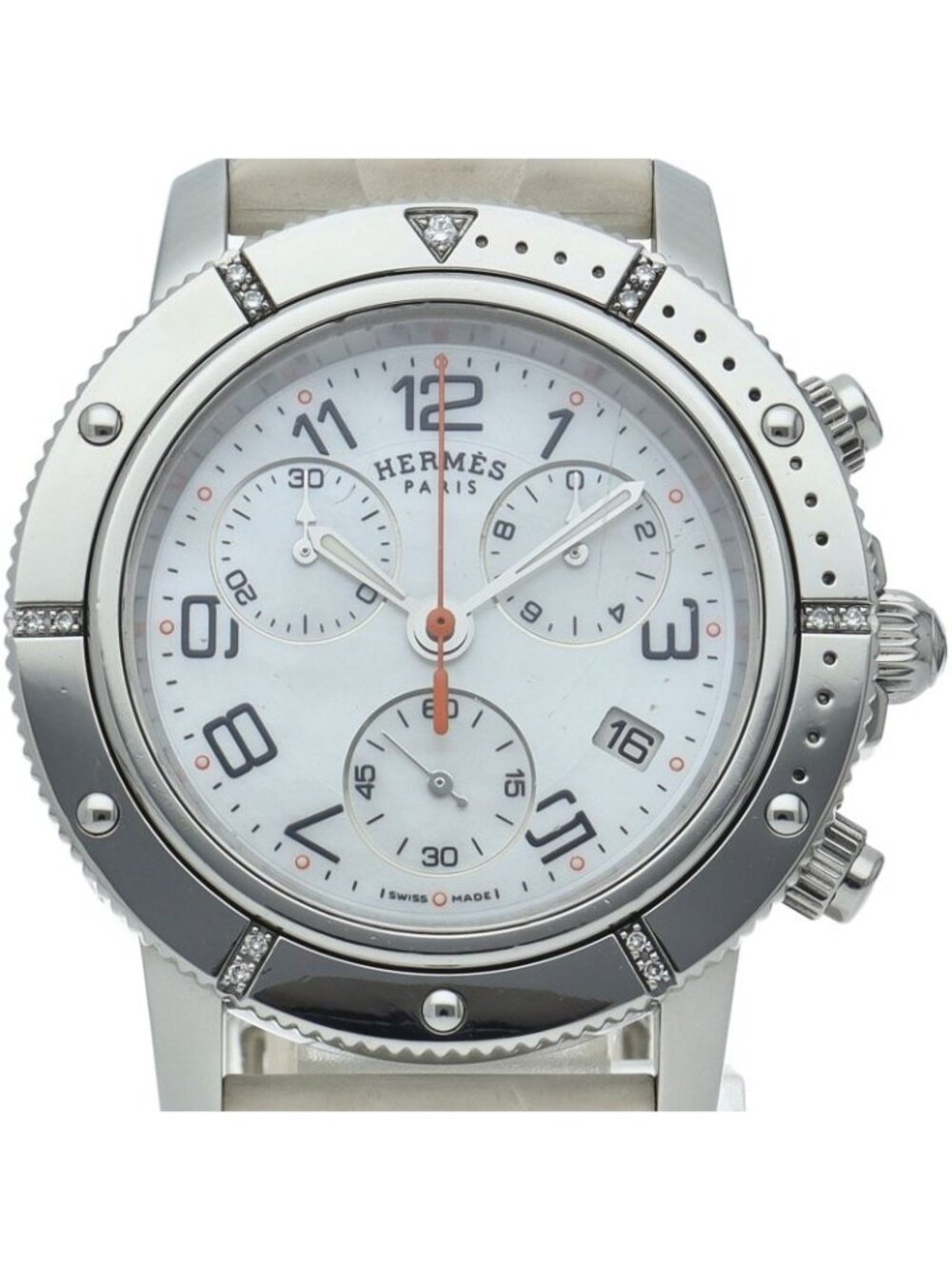 Hermes Clipper Chronograph Diamond Bezel Shell SS Rubber Watch White